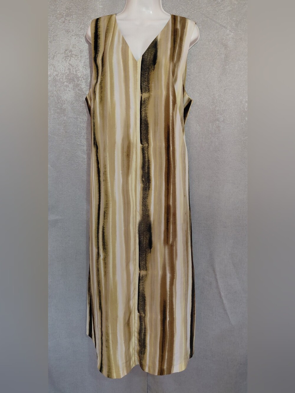 Alfani Women's Sz Xl Tan Brown Watercolor Stripe Sleevless V Neck Maxi Dress